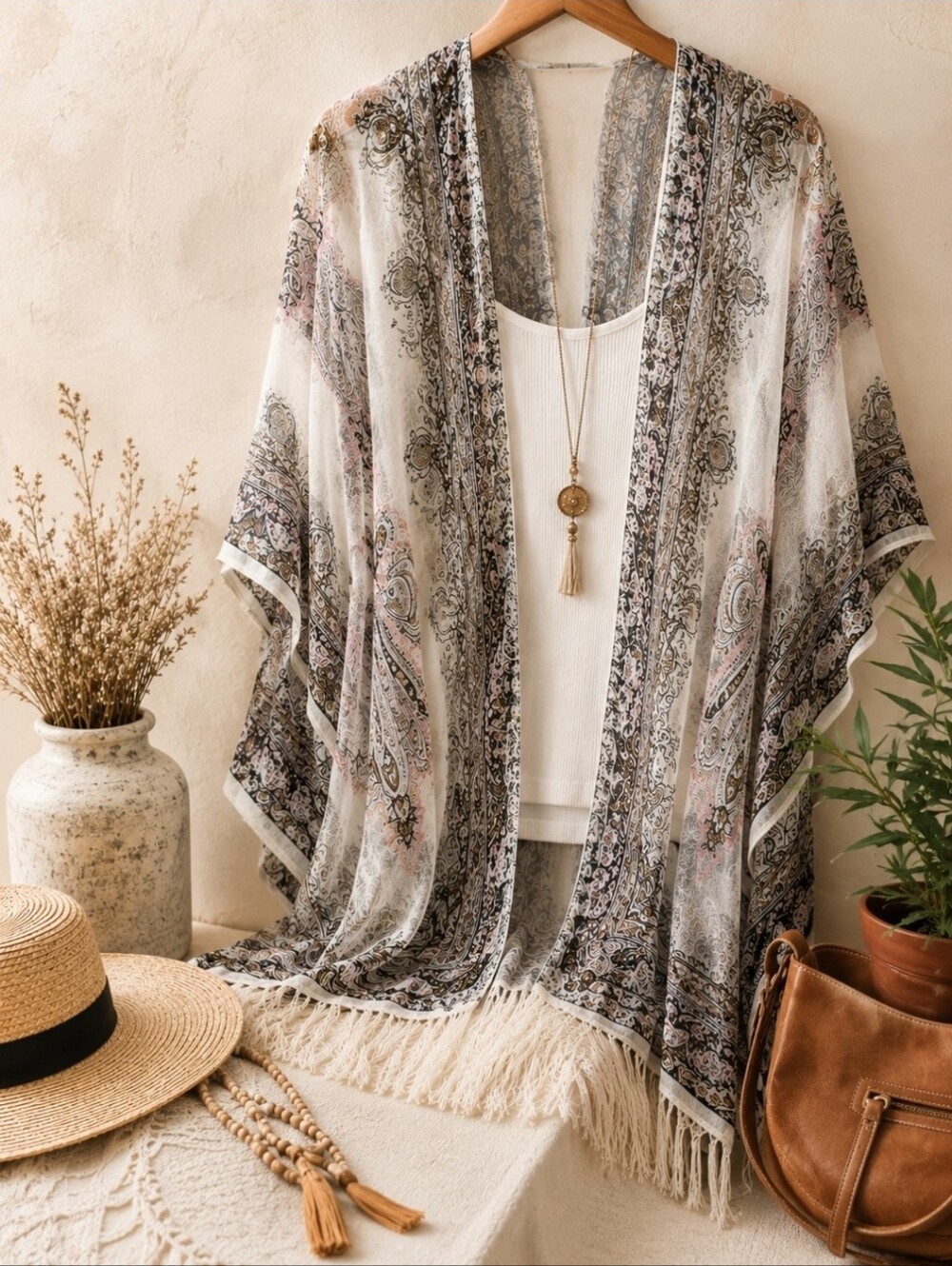 Pretty Persuasions Sheer Paisley Ruana Kimono Wrap Fringe Boho One Size Rayon